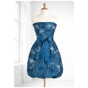 NWT Cache Strapless Bubble Hem Mini Prom Dress 2 Ocean Blue Applique Pockets USA